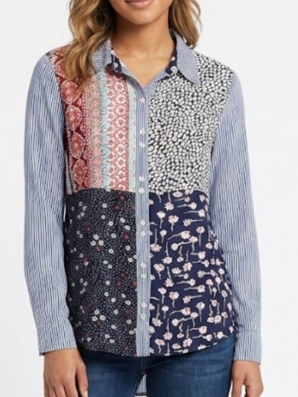 Liza Byrd Patchwork Button-Up Blouse in Blue and Red Size XS Boho